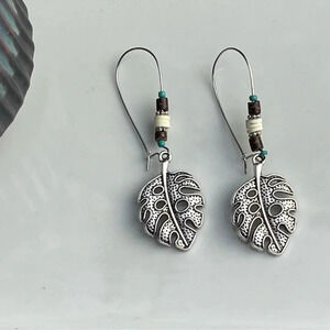 Beaded Boho Silver Leaf Earrings